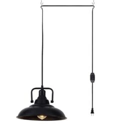 60-Watt 1-Light Black Plug-In Metal Hanging Pendant Light With Integrated Switch, No Bulbs Included