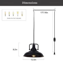 60-Watt 1-Light Black Plug-In Metal Hanging Pendant Light With Integrated Switch, No Bulbs Included -Lamp Parts black adsensty pendant lights hd3 1b zjy00066 77 1000