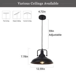 1 Light Black Dome Industrial Pendant Light With Metal Shade, No Bulbs Included -Lamp Parts black adsensty pendant lights hd5 1b zjd00066 66 1000