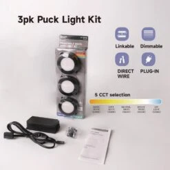 Plug-In 3-Light Black Dimmable Color Changing Integrated LED 5CCT Under Cabinet Puck Light With J-box -Lamp Parts black commercial electric puck lights 22343kitj5 bk c3 1000