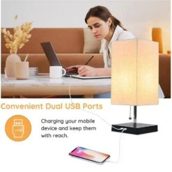 6 In. Black Metal Small Desk Lamp With 2 USB Ports Bedside Lamps For Bedroom Nightstand Lamps W/Oatmeal Shade (1-Light) -Lamp Parts black desk lamps hd usb 01 1f 1000