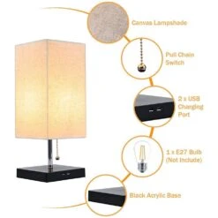 6 In. Black Metal Small Desk Lamp With 2 USB Ports Bedside Lamps For Bedroom Nightstand Lamps W/Oatmeal Shade (1-Light) -Lamp Parts black desk lamps hd usb 01 4f 1000