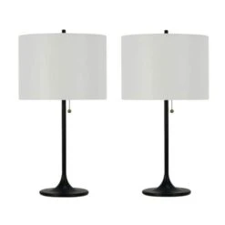Pair Of 26.5 In. Black Metal Column Table Lamps With Designer Shades