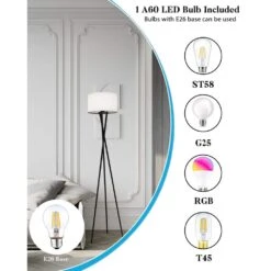 66 In. Black Tripod Floor Lamp For Living Room With Fabric Shade, Vintage Standing Lamps With E26 Bulb Included -Lamp Parts black floor lamps fl 66 b 44 1000