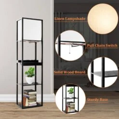 64 In. Standard Plus Floor Lamps With Shelves, Wireless Charging, USB Ports, AC Outlets, Drawer With Linen Shade -Lamp Parts black floor lamps hd400kwxccjd hs 1f 1000