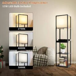 64 In. Standard Plus Floor Lamps With Shelves, Wireless Charging, USB Ports, AC Outlets, Drawer With Linen Shade -Lamp Parts black floor lamps hd400kwxccjd hs 44 1000