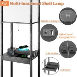 64 In. Standard Plus Floor Lamps With Shelves, Wireless Charging, USB Ports, AC Outlets, Drawer With Linen Shade -Lamp Parts black floor lamps hd400kwxccjd hs 4f 1000