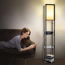 64 In. Black Standard Floor Lamps With Shelves, Wireless Charger, USB Ports, Outlet Living Room Bedroom With Linen Shade -Lamp Parts black floor lamps hdjgkwxccjd hs fa 1000