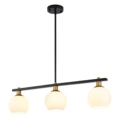 40 -Watt 3 Light Black/Gold Linear Glass Globe Pendant Light With Milk White Glass Shade,No Bulbs Included