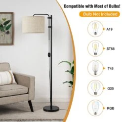 67.5 In. Black Adjustable Height Standard Standing Lamps With 350° Rotate Beige Lampshade Floor Lamps For Corner Bedroom -Lamp Parts black gtclighting floor lamps w 1fl 8001a 1d 1000