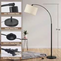 71 Black Arc Floor Lamps, With Adjustable Head, Tall Pole Lamp With Foot Switch, For Living Room, (9W 3 Color Bulb) -Lamp Parts black gtclighting floor lamps w 1fl 86008a c3 1000