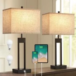 25.5 In. Black Nightstand Table Lamps (Set Of 2), With USB C Plus A, 3 Colors Changeable Living Room Lamps.
