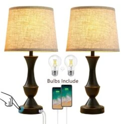 22 In. Black Bedside Touch Table Lamps With USB C Plus A Ports, 3 Way Dimmable For Bedroom, Living Room.