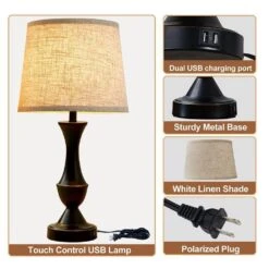 22 In. Black Bedside Touch Table Lamps With USB C Plus A Ports, 3 Way Dimmable For Bedroom, Living Room. -Lamp Parts black gtclighting table lamps w 2tl 73008a 66 1000