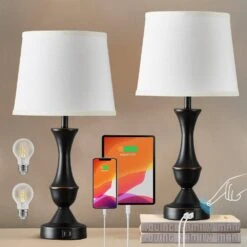 22 In. Tall Bedside Lamps USB C Plus A Ports Touch Table Lamps Set Of 23 Way Dimmable Black Lamp White Lampshade.