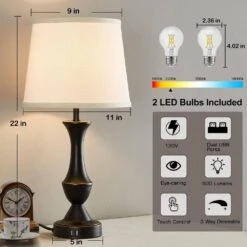 22 In. Tall Bedside Lamps USB C Plus A Ports Touch Table Lamps Set Of 23 Way Dimmable Black Lamp White Lampshade. -Lamp Parts black gtclighting table lamps w 2tl 73008b 77 1000