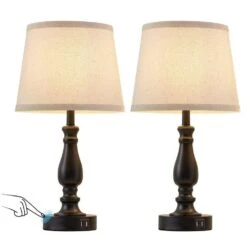 19" Black Touch Bedside Table Lamp, 3 Way Dimmable Nightstand Lamps With Round Fabric Linen Lampshade For Living Room. -Lamp Parts black gtclighting table lamps w 2tl 98008b 40 1000