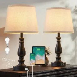 19" Black Touch Bedside Table Lamp, 3 Way Dimmable Nightstand Lamps With Round Fabric Linen Lampshade For Living Room.