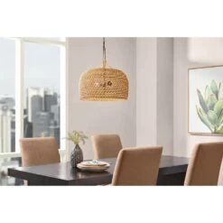 Summerpoint 120-Watt 2-Light Black Shaded Pendant Light With Natural Woven Shade, No Bulbs Included