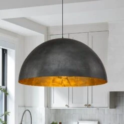 PCover 23 In.Dia Large Lighting 1-Light Black Farmhouse Dome Pendant Light Industrial Gold Leaf Island Ceiling Light