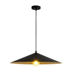 PCover 1-Light 25.6 In.W Black Pendant Light Industrial Kitchen Cone Barn Hanging Light With Gold Foil Accent -Lamp Parts black huoku pendant lights pd1071241 4f 1000