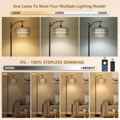72.8 In. Black Boho Floor Lamps With Rattan Shades, Dimmable LED Bulb, Modern Arc Floor Lamp With 3 Color Temperatures -Lamp Parts black jushua floor lamps zy p185427 1d 1000