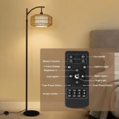 72.8 In. Black Boho Floor Lamps With Rattan Shades, Dimmable LED Bulb, Modern Arc Floor Lamp With 3 Color Temperatures -Lamp Parts black jushua floor lamps zy p185427 31 1000