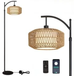 72.8 In. Black Boho Floor Lamps With Rattan Shades, Dimmable LED Bulb, Modern Arc Floor Lamp With 3 Color Temperatures