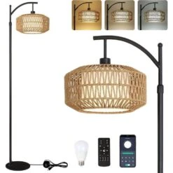 72.8 In. Black Boho Floor Lamps With Rattan Shades, Dimmable LED Bulb, Modern Arc Floor Lamp With 3 Color Temperatures -Lamp Parts black jushua floor lamps zy p185427 66 1000