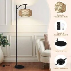 72.8 In. Black Boho Floor Lamps With Rattan Shades, Dimmable LED Bulb, Modern Arc Floor Lamp With 3 Color Temperatures -Lamp Parts black jushua floor lamps zy p185427 c3 1000