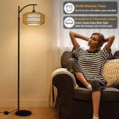 72.8 In. Black Boho Floor Lamps With Rattan Shades, Dimmable LED Bulb, Modern Arc Floor Lamp With 3 Color Temperatures -Lamp Parts black jushua floor lamps zy p185427 d4 1000