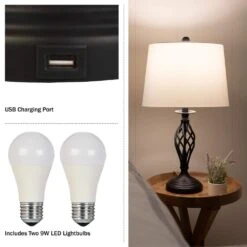 Set Of 2-Modern Table Lamps With USB Charging Ports And LED Bulbs, Black -Lamp Parts black lavish home table lamps 72 lmpst2 25 usb 40 1000