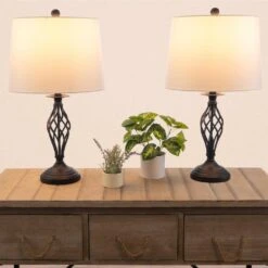 Set Of 2-Modern Table Lamps With USB Charging Ports And LED Bulbs, Black