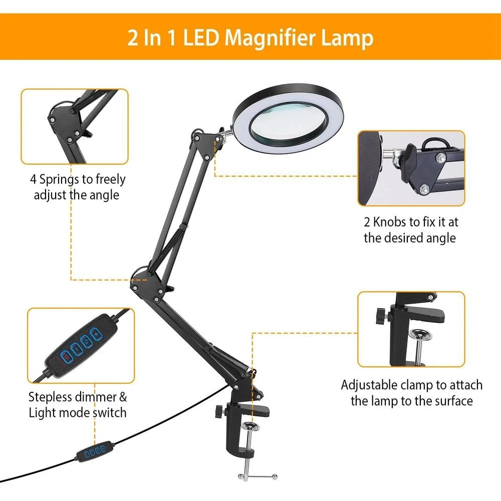 27.8 In. Black LED Magnifier Desk Lamp 8x Magnifying Glass With Light Swing Arm Desk Table Light USB Reading Lamps 8 27.8 In. Black LED Magnifier Desk Lamp 8x Magnifying Glass With Light Swing Arm Desk Table Light USB Reading Lamps - Image 6
