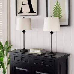 26 In. Black Modern Buffet Bedroom Living Room Bedside Desk Nightstand Tall Table Lamps (Set Of 2)