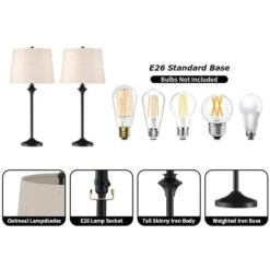 26 In. Black Modern Buffet Bedroom Living Room Bedside Desk Nightstand Tall Table Lamps (Set Of 2) -Lamp Parts black maxax table lamps t13 bk 76 1000