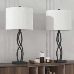 Cleveland 26 In. Black Modern Metal Bedroom Living Room Bedside Desk Nightstand Table Lamps Set Of 2 -Lamp Parts black maxax table lamps t168 bk 1f 1000