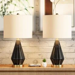 Sacramento 24 In. Black Modern Dimmable Ceramic Bedroom Living Room Bedside Desk Table Lamps USB Port Set Of 2 -Lamp Parts black maxax table lamps t182 bk 40 1000