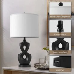 24 In. Black Vintage Dimmable Resin Bedroom Living Room Bedside Desk Nightstand Table Lamps USB Port (Set Of 2) -Lamp Parts black maxax table lamps t189 bk 1f 1000