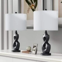 24 In. Black Vintage Dimmable Resin Bedroom Living Room Bedside Desk Nightstand Table Lamps USB Port (Set Of 2) -Lamp Parts black maxax table lamps t189 bk 66 1000