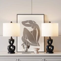 24 In. Black Vintage Dimmable Resin Bedroom Living Room Bedside Desk Nightstand Table Lamps USB Port (Set Of 2) -Lamp Parts black maxax table lamps t189 bk c3 1000