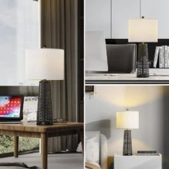 Heideman 26.5 In. Black Modern Dimmable Rattan Bedroom Living Room Bedside Desk Table Lamps Set Of 2 -Lamp Parts black maxax table lamps t212 bk 44 1000