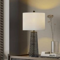 Heideman 26.5 In. Black Modern Dimmable Rattan Bedroom Living Room Bedside Desk Table Lamps Set Of 2 -Lamp Parts black maxax table lamps t212 bk c3 1000