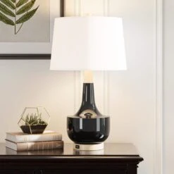 26 In. Black Vintage Dimmable Ceramic Bedroom Living Room Bedside Desk Nightstand Tall Table Lamps USB Port -Lamp Parts black maxax table lamps t223 bk s 31 1000