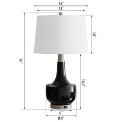 26 In. Black Vintage Dimmable Ceramic Bedroom Living Room Bedside Desk Nightstand Tall Table Lamps USB Port -Lamp Parts black maxax table lamps t223 bk s a0 1000