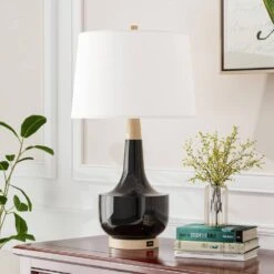 26 In. Black Vintage Dimmable Ceramic Bedroom Living Room Bedside Desk Nightstand Tall Table Lamps USB Port -Lamp Parts black maxax table lamps t223 bk s c3 1000