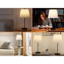 20.75 In. Black Modern Metal Bedroom Living Room Bedside Desk Nightstand Table Lamps USB Port (Set Of 2) -Lamp Parts black maxax table lamps t230 bk 1f 1000