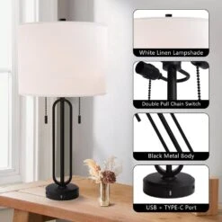 Cincinati 26.5 In. Black Modern Metal Bedroom Living Room Bedside Desk Nightstand Table Lamps Usb Port Set Of 2 -Lamp Parts black maxax table lamps t238 bk 1d 1000