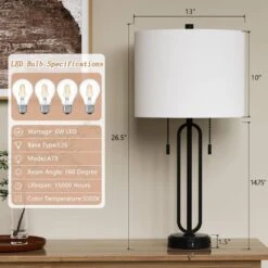 Cincinati 26.5 In. Black Modern Metal Bedroom Living Room Bedside Desk Nightstand Table Lamps Usb Port Set Of 2 -Lamp Parts black maxax table lamps t238 bk 40 1000