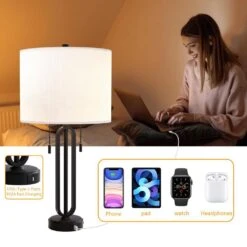Cincinati 26.5 In. Black Modern Metal Bedroom Living Room Bedside Desk Nightstand Table Lamps Usb Port Set Of 2 -Lamp Parts black maxax table lamps t238 bk 66 1000